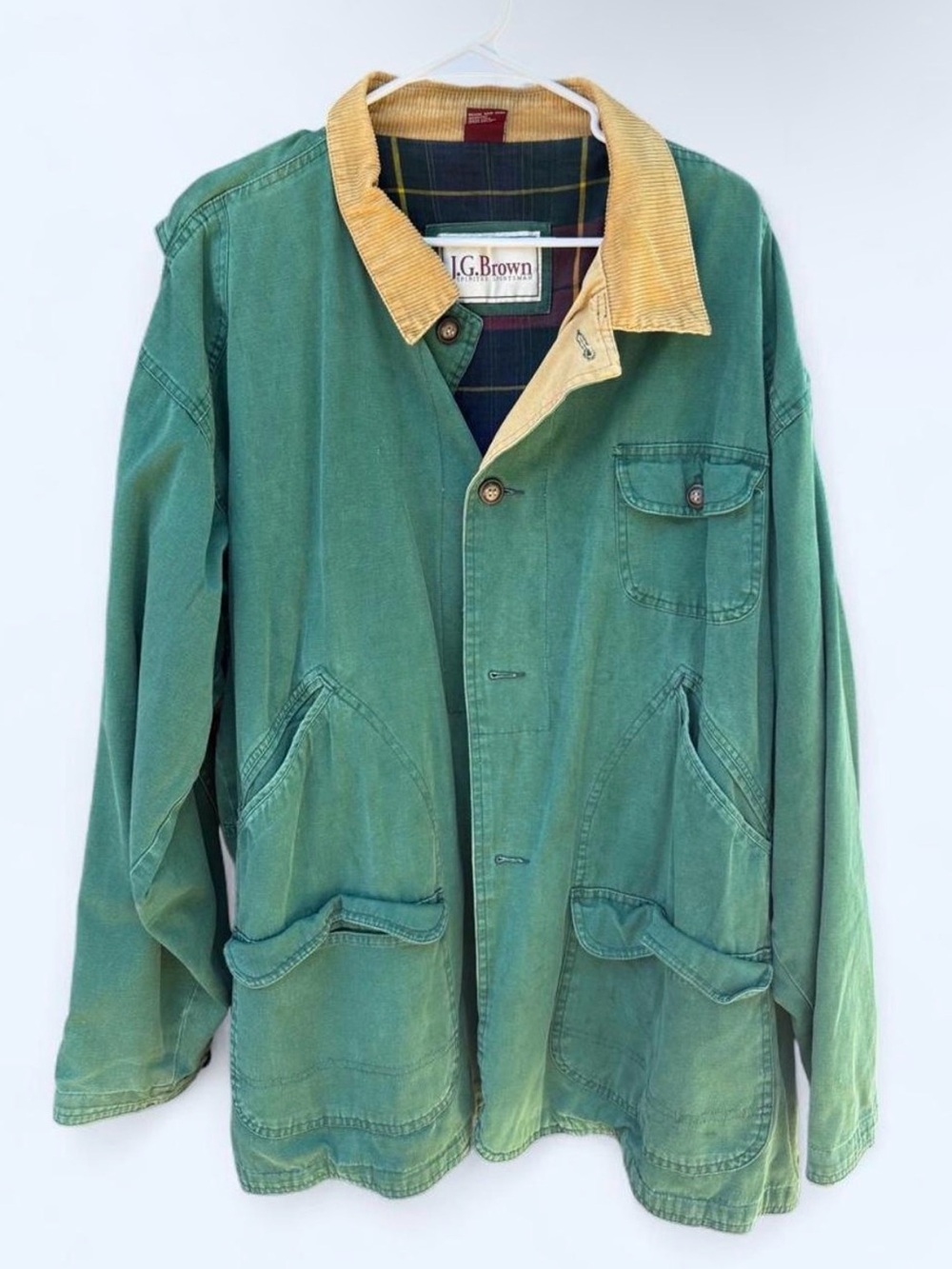 Vintage J.G. Brown Unisex 100% Cotton Green Barn Jacket Caramel Corduroy Collar